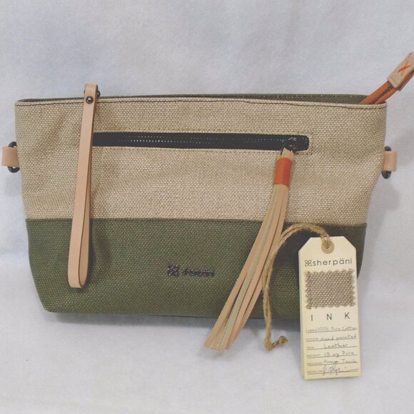 nwot SHERPANI Paige Crossbody/Wristlet Bag Beige/Green Canvas, tags detached/new - Picture 1 of 8